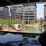 View from third floor veranda framed by pond and solar screens for microclimate control